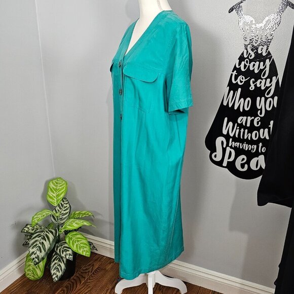 Victoria Soie V Neck Short Sleeve Vintage Silk Button Down Teal Shirt Dress - Picture 4 of 7